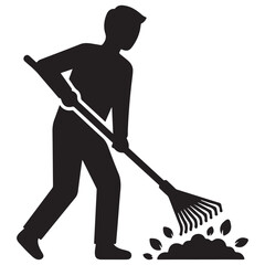 Black Silhouette Icon of Person Raking Leaves, Simple Vector Graphic Design