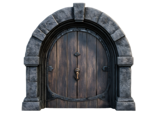 Ancient wooden castle door with stone archway isolated on transparent background