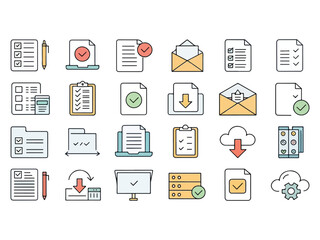 Collection of Data and Document Management Icons Representing Productivity and Efficiency in Modern Business Operations and Information Technology Systems