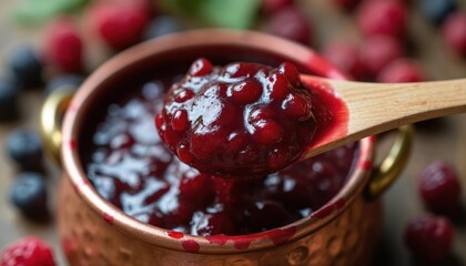 Wooden spoon scoops dark red berry jam from copper pot. Fresh berries surround pot, showing homemade preparation for sweet preserve. Culinary process, rich fruitiness.