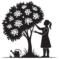Classic Black Silhouette of Girl Tending a Blossoming Garden Tree