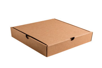 A closed, flat cardboard box, angled, with a partially opened flap, set against a stark black background