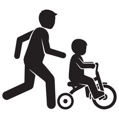 Simple Black Silhouettes of Adult and Child on Tricycle Vector Graphic