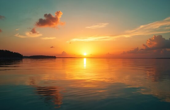 Scenic photo showcases sunset over calm ocean water. Sun sets on horizon creating stunning colors. Beautiful clouds add depth. Sky reflections mirror orange shades at dusk.