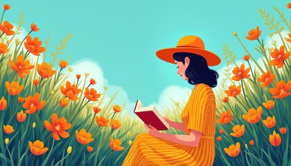 Woman reads book in vivid orange flower garden under clear blue sky. She wears a yellow striped dress and orange hat enjoying outdoor leisure time. Green grass and blooming flora surround her.