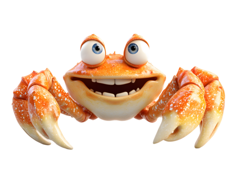 A cheerful cartoon crab with big eyes and a wide smile isolated on transparent background