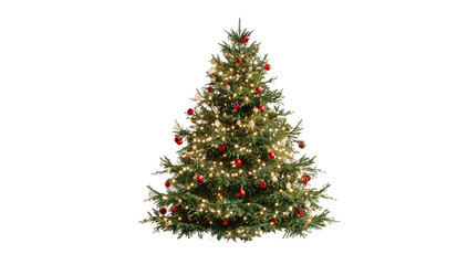 Fototapeta premium Festive evergreen tree on a black background, adorned with glowing lights and red ornaments