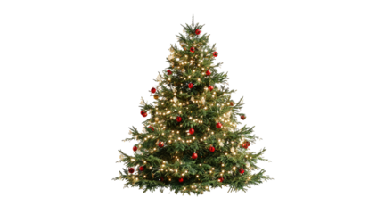 Festive evergreen tree on a black background, adorned with glowing lights and red ornaments