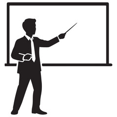 Black and White Silhouette Vector of Man Presenting at Whiteboard