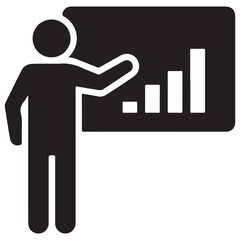 Minimalist Black Silhouette Figure Pointing to Bar Graph Icon