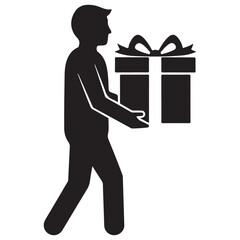 Flat Black Silhouette of Figure Holding a Wrapped Gift with Ribbon