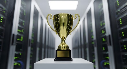 Golden Trophy Symbolizing Achievement and Excellence in a High-Tech Data Center Environment, Representing Success in Cloud Computing and Digital Infrastructure