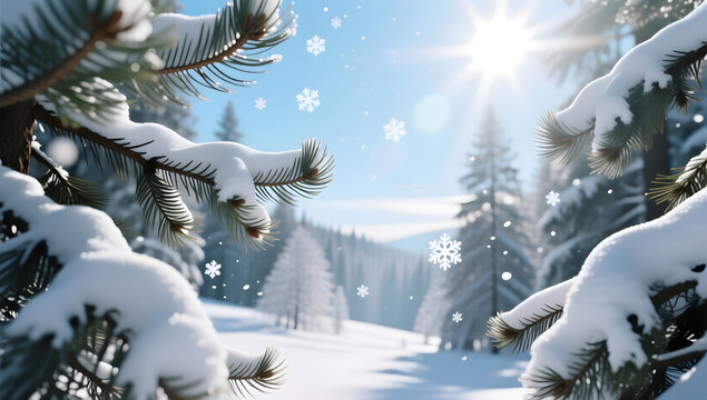 Beautiful pine forest world after snowfall