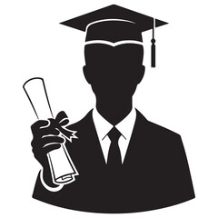Black and White Graduate Silhouette Holding Diploma and Mortarboard