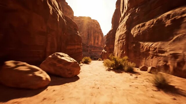 Exploring the arid beauty of a narrow desert canyon with golden sunlight illuminating the sandy path and rugged cliffs