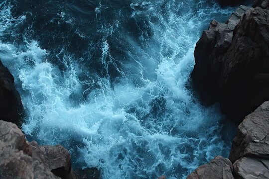 Crashing waves between dark rocks, turbulent, top-down view