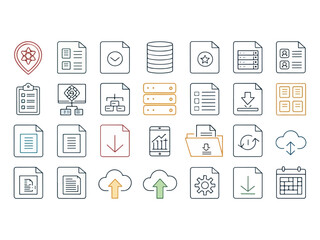 Collection of Data Management and Information Technology Line Icons Representing Various File Types Cloud Storage Database and Settings Concepts