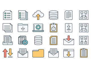 Collection of Data Management and Cloud Computing Icons in Modern Flat Design Style Depicting Documents Databases and Network Connections