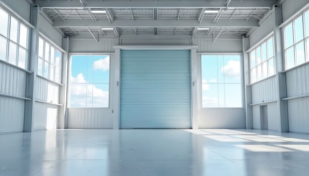 Empty modern warehouse interior with large roller door and windows. Clean concrete floor reflects bright sunlight. Steel walls and ceiling create industrial ambiance. Plenty of open space inside.