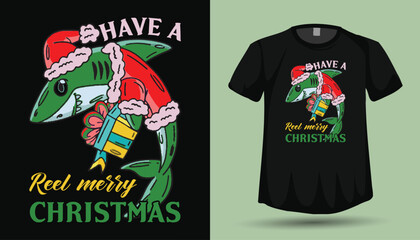 Have a Reel Merry Christmas T-Shirt Design with Cartoon Shark Wearing Santa Suit and Holding a Gift