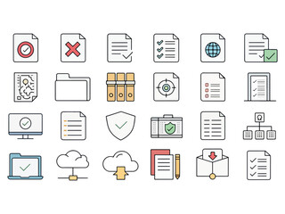 Collection of Data Management and Information Technology Vector Icons Illustrating Documents Security and Network Concepts for Business and Digital Applications