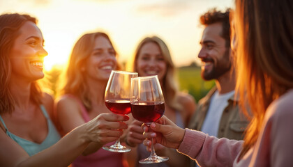 Friends clink red wine glasses outdoors at sunset. People smile, laugh together celebrating good times. Joyful group shares beverage during evening gathering.