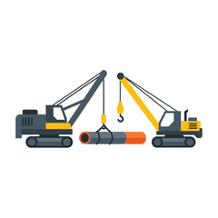 Two Cranes Lifting a Large Pipe Together Illustration.