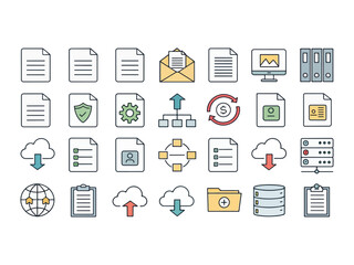Collection of Data Management Icons Representing Cloud Storage Networking and Business Processes with Clean Lines and Modern Design