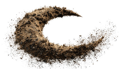 A crescent-shaped swirl of textured brown material against a transparent, black background