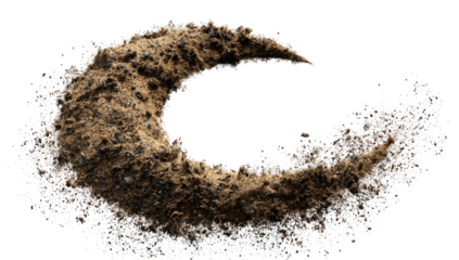 A crescent-shaped swirl of textured brown material against a transparent, black background