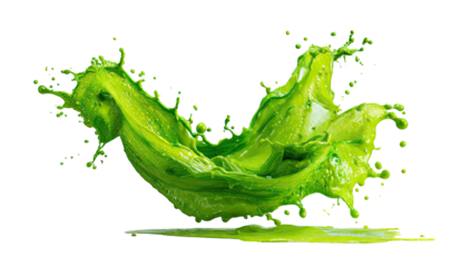 A vivid green liquid explodes against a stark black background, showcasing dynamic fluidity