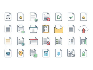 Collection of Document Icons Representing Different File Types and Operations for Digital Management System and Data Organization