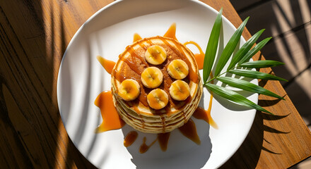 Delicious pancakes topped with bananas and syrup served on a white plate