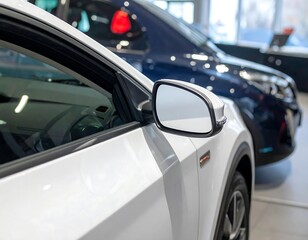 Close-up of a White Cars Side Mirror in a Showroom.