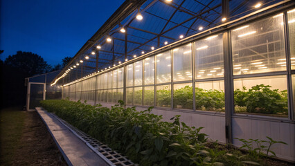 Fototapeta premium Fresh green vegetables growing inside a greenhouse illuminated by artificial lights, symbolizing modern agriculture, sustainability, and smart farming technology.