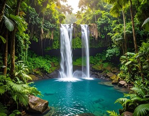 Fototapeta premium A cascading waterfall surrounded by lush, tropical foliage and a clear lagoon