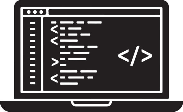 Vector art of laptop screen displaying code with angle brackets and lines of text