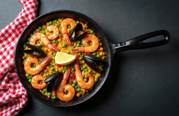 Spanish seafood paella with shrimp mussels and peas in black pan on dark background. Top view of traditional Valencian rice dish with lemon slice and red white checkered cloth.