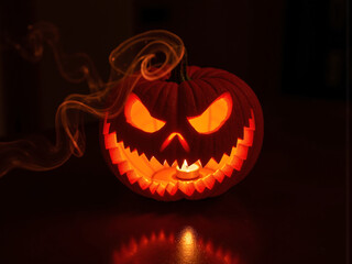 Fototapeta premium Close-up image of a dark, empty space with a single light source resembling a pumpkin, suggesting darkness and a potential threat or mystery.