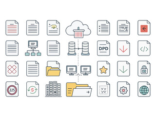 Collection of file and data management icons representing various computer functions and data structures and cloud services