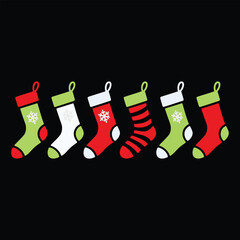 Row of Six Christmas Stockings Hanging: Holiday Decoration Vector