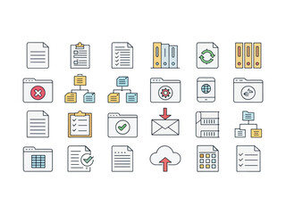 Collection of File Management and Data Organization Icons for Business and Technology Applications with Modern Design