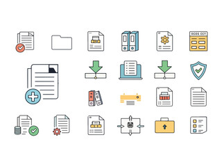 Collection of File Management Icons Representing Data Organization and Workflow Efficiency in a Minimalist Style