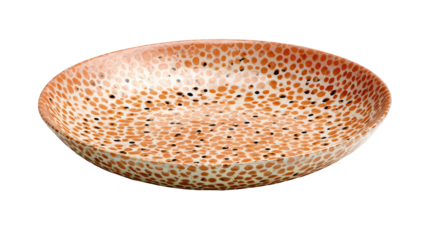 Ceramic bowl in a wide, shallow design, featuring a spotted pattern in warm orange and black