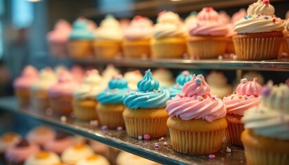 Rows of assorted colorful cupcakes with swirled frosting and sprinkles are neatly arranged on bakery shelves. These sweet treats look delicious and inviting, perfect for celebrations and pastry shops.