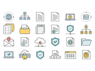 Data and Information Management Icons Depicting Security Connectivity and Organization with Clean Lines and Modern Design