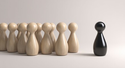 An eye-level shot captures a group of wooden figurines, predominantly light-toned, standing collectively. ..Created with Generative AI, not depicting real subjects.