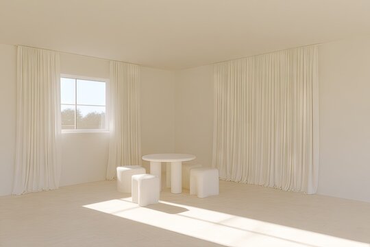 Minimalist ivory room with round table, stools, and sunlit curtains - Powered by Adobe