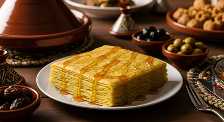 Delicious Moroccan Pastry with Honey and Olives in Warm Light on Wooden Table