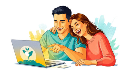 Happy Couple Enjoying a Shared Laugh While Looking at a Laptop Screen Together